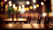 © ckybe - Image of wooden table in front of abstract blurred background of restaurant lights. Generative Ai.