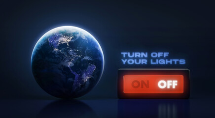 Wall Mural - earth hour 2024 campaign. turn off your lights for our planet on 60 minutes. switch button. save the