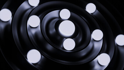Poster - Glowing 3d balls move in rings. Design. Rotating 3d balls in spiral rings. Glowing balls move in orbits in disks