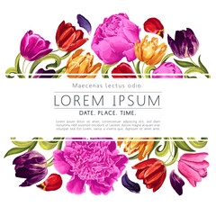 floral botanical frame design with space for text. spring template with bright multicolored peony an