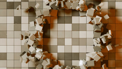 Poster - 3D background with squares and wave rings. Design. Squares move in space with 3D distortion. Ring 3d waves of destroyed squares with background