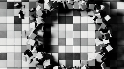 Poster - 3D background with squares and wave rings. Design. Squares move in space with 3D distortion. Ring 3d waves of destroyed squares with background