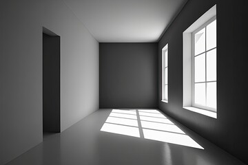 Poster - Sunny empty hall room with dark wall, window and light squared floor. , mockup. Generative AI