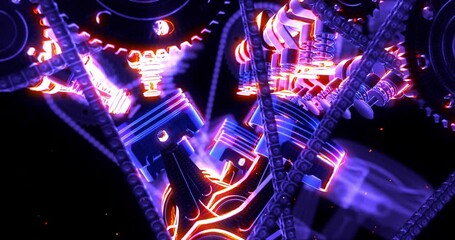 Poster - High power burning V8 engine in motion. Explosions and flames. Perfect Loop. Industry related 4K 3D animation.