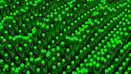 Poster - 3d waves with columns and balls. Design. Rising in waves cylinders with glowing balls. Hypnotic waves with 3d geometric lines and balls