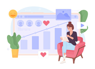 Poster - Social marketing analytics flat concept vector spot illustration. Editable 2D cartoon character on white for web design. SEO strategy planning creative idea for website, mobile, magazine