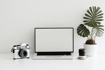 Poster - Cropped shot of minimal workspace with camera, decorations and copy space on white table with white wall. Generative AI