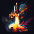 Rocket take-off into space. Bright multi-colored image..