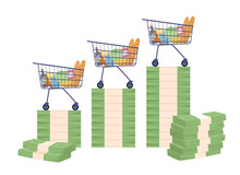 Shopping Carts Standing On Banknotes Stack Flat Concept Vector Spot Illustration. Editable 2D Cartoon Object On White For Web Design. Inflation In Economics Creative Idea For Website, Mobile, Magazine
