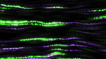 Poster - Colorful lines move with glitch effect. Motion. Computer background with colorful wavy lines in stream and noise. Lines in information flow move with flashing noise on black background