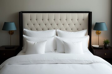 comfortable double bed, white bed sheets and pillows. freshness and cleanliness in a hotel room or a
