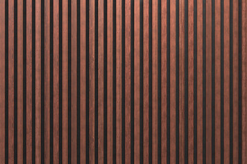 Wall Mural - A wall of wooden slats in the color of dark wood with a pattern of wall panels in the background