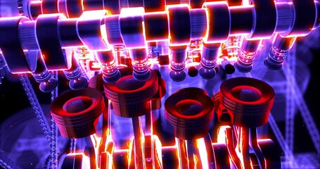 Leinwandbilder - Glowing high power V8 engine with moving internal parts. Valves, pistons and crankshaft. Fuel Injection.