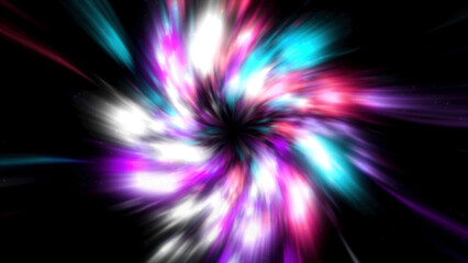 Poster - Colorful luminous flow in space. Motion. Colorful spots move in stream on black background. Colorful luminous flux in hyper tunnel