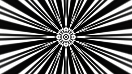 Poster - Kaleidoscopic pattern with flashing rays. Motion. Round pattern in center with flashing bright rays on black background. Animated pattern with circles and long flashing ray