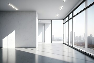 Wall Mural - Minimalistic interior with panoramic city view and sunlight on concrete floor. Mock up. Generative AI