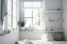 Interior Of A White Bathroom With Two Windows, A White Tub, A Towel Dangling From It, And A Little Shelf With Personal Care Items. Up Close. Mock Up Toned Double Exposed Image. Generative AI