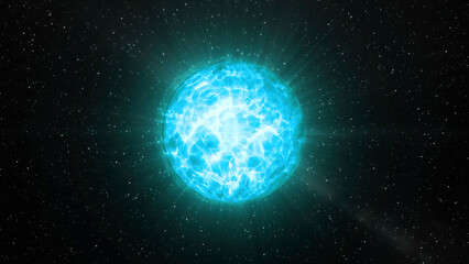 Poster - Bright glowing ball with liquid shimmer. Motion. Energy plasma flickers brightly in 3D ball. Shimmering ball of energy in outer space with particles