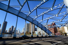Eitai Bridge , Eitai-bashi, Over Sumida River, Chuo-Ohashi Suspension Bridge On Right In Background, Chuo, Chūō-ku, Central Ward, Chūō-ku City, Tokyo, Japan, Asia