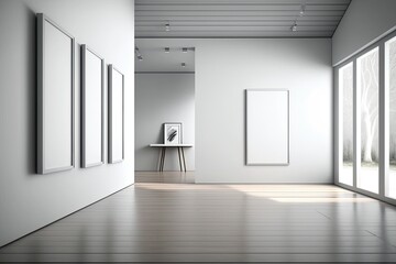 Poster - Modern gray gallery interior with blank mock up banners on wall and reflections on wooden flooring. Art, no people, museum and exhibition concept. Generative AI