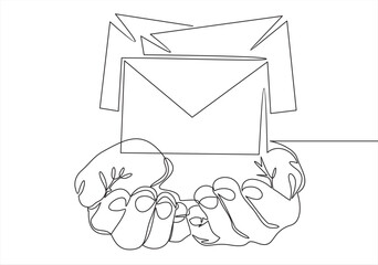 Poster - Continuous one line drawing of hand holding envelope icon in silhouette on a white background.