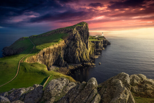 the last sunbeam at neist point lighthouse. neist point is one of the most famous lighthouses in sco