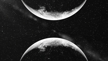 Poster - 3D animation with approaching planets. Motion. Collision of parallel planets on background of space and rays of light. Timelapse of catastrophic collision of planets