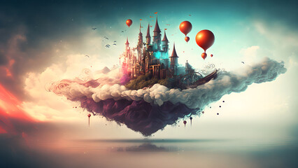 Wall Mural - surreal dreamscape of floating island with castle on it, neural network generated art