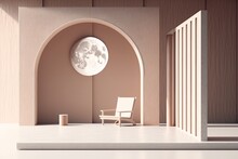 Close Up Of A Wooden Panel, An Empty Room With A Traditional Colonnade, Rosy Concrete Walls, And A Carpet With A Chair. Zen Inspired Minimalist Interior Design Concept, Modern Architectural Model