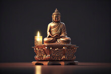 Figure Or Image Of Buddha In Gold Or Gold On A Wooden Table Illuminated By Candlelight, Zen Image For Relaxation Created With Generative AI Technology