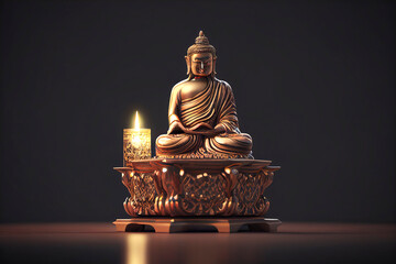 figure or image of Buddha in gold or gold on a wooden table illuminated by candlelight, zen image for relaxation created with Generative AI technology