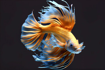 beautiful betta fish with long tail in turquoise blue colors on a black background. decorative image or for graphic design created with Generative AI technology