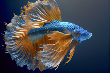 Wall Mural - beautiful betta fish with long tail in turquoise blue colors on a black background. decorative image or for graphic design created with Generative AI technology