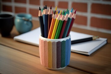 Sticker - Colored pencils on wooden desk with brick wallpaper. Selective focused. Can be related to educational concept. Generative AI