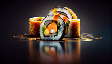Sushi, Rolls, Maki Traditional Japanese Food Plate Artwork. Generative AI