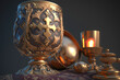 holy grail, bronze and gold cup with christian and religious cross on table illuminated with candlelight created with Generative AI technology