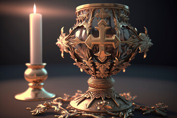 Wall Mural - holy grail, bronze and gold cup with christian and religious cross on table illuminated with candlelight created with Generative AI technology