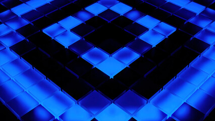 Poster - Black and blue background with changing patterns. Design. Cartoon animation with geometric shapes changing and moving in turn, such as squares and circles.
