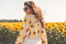 Woman In Crochet Outfit In Field Of Sunflowers, Croceht Granny Square, Spring Summer Outfit