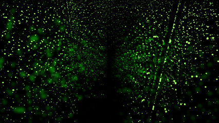 Poster - Green dark background. Design.Bright green particles in the animation fly in different directions.