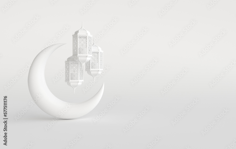 White lantern and crescent moon on white background for muslim holiday ...