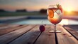 a glass of liquid with a slice of fruit on a wooden table near a pool at sunset or sunrise with a sun setting in the background.  generative ai