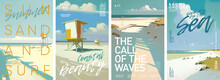 Summer. Beach. Landscape. Set Of Vector Illustrations. Typographic Poster Design And Watercolor Art On Background.