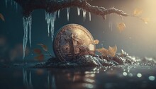Coin On Its Branches That Says Bitcoin, Water Splashes