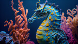 Fototapeta Fototapety do akwarium - Illustration of a seahorse on a coral reef. Generative AI.