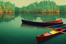 A Painting Of A Canoe With Colorful Kayaks On It's Side And A Rowboat On The Water With A Rowboat In The Middle.  Generative Ai