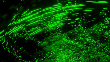 Poster - Black background. Design.Different sizes of green light color glitters in different parts of the backgrounds fly to different places.