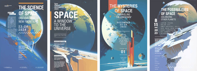 Space and universe. Set of vector illustrations. Typographic poster design and watercolor art on background.