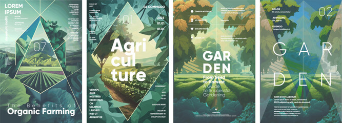 garden and agriculture. set of vector illustrations. typographic poster design and watercolor painti