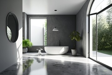 Canvas Print - Gray bathroom interior with a concrete floor, a round white tub, and a panoramic window. mock up. Generative AI